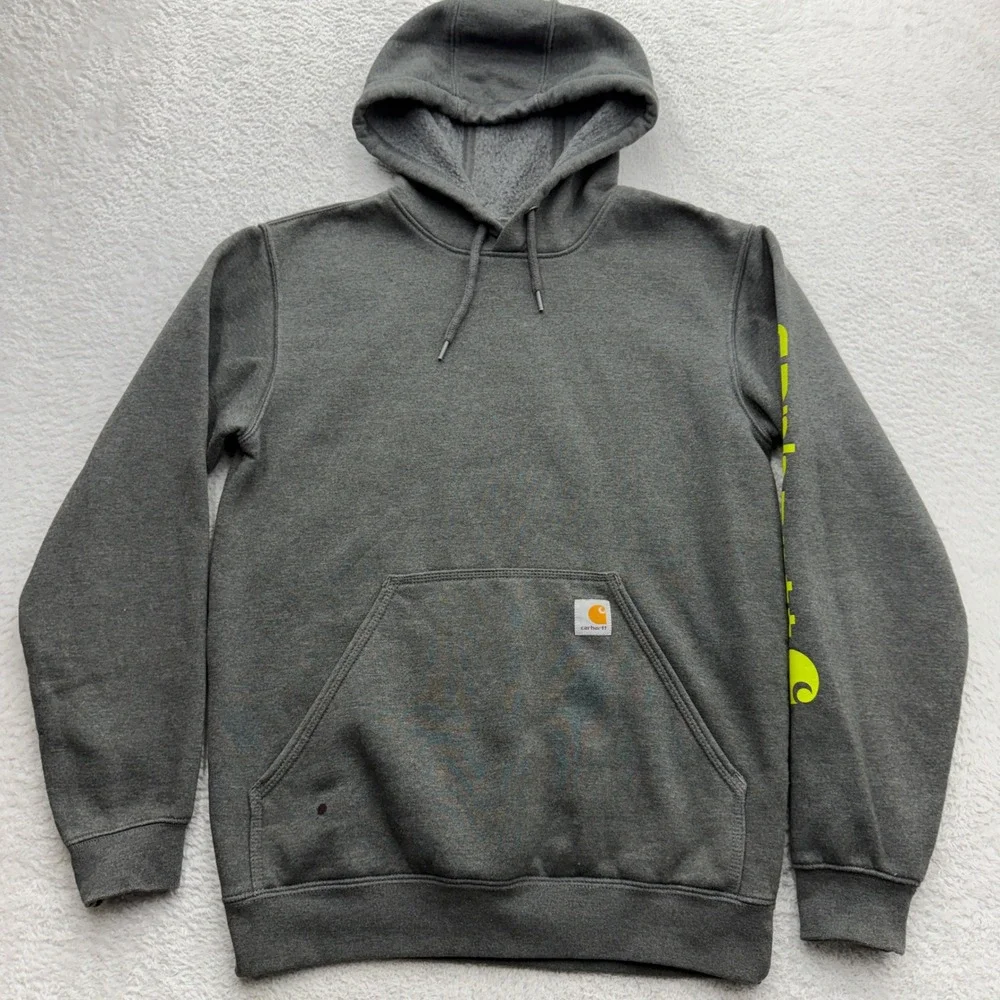 Carhartt Mens Loose Fit Hoodie Gray Neon Yellow Sleeve Logo TS0288-M Small